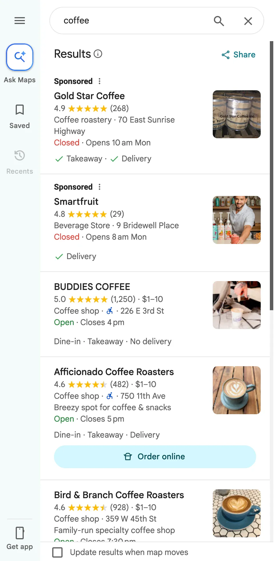 Google Maps results for coffee shops in New York