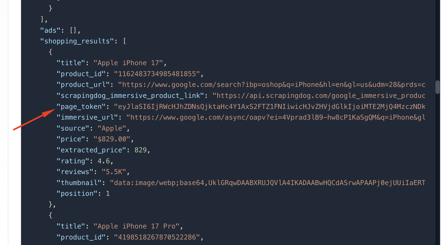 Google Shopping API response