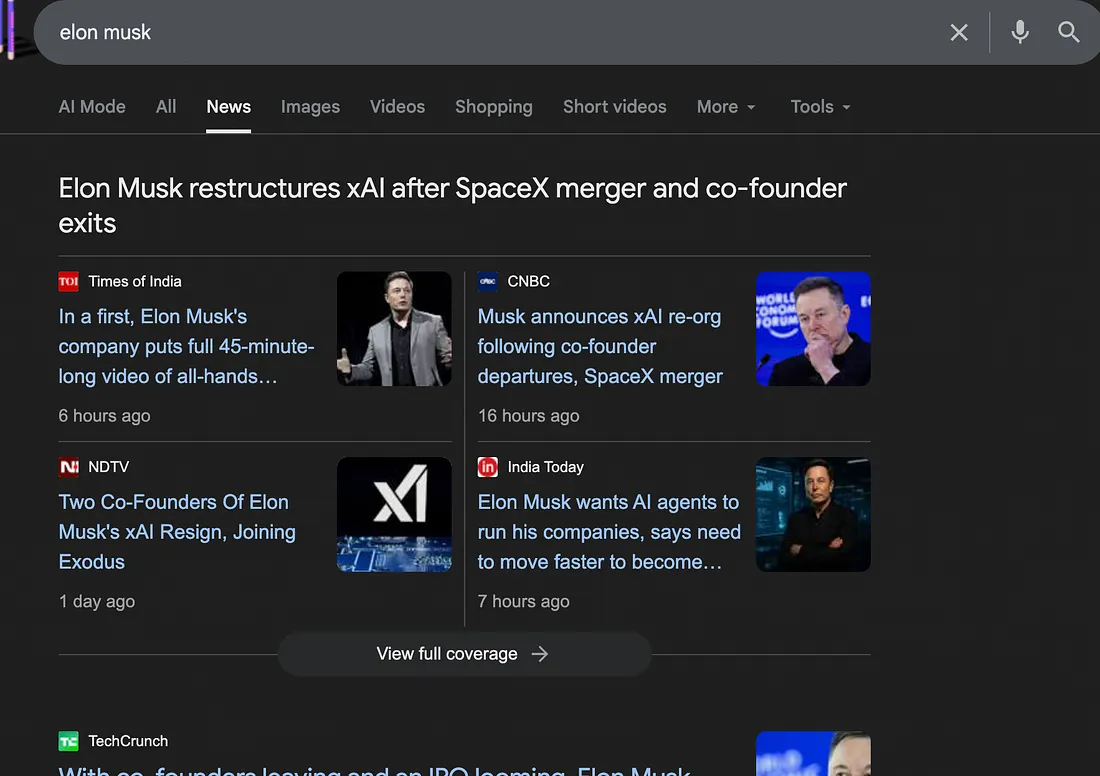 Google news results screen