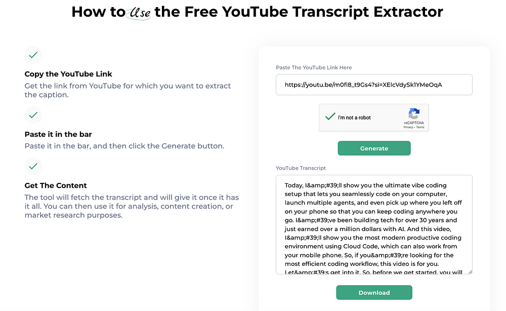 Scrapingdog youtube transcript tool screen